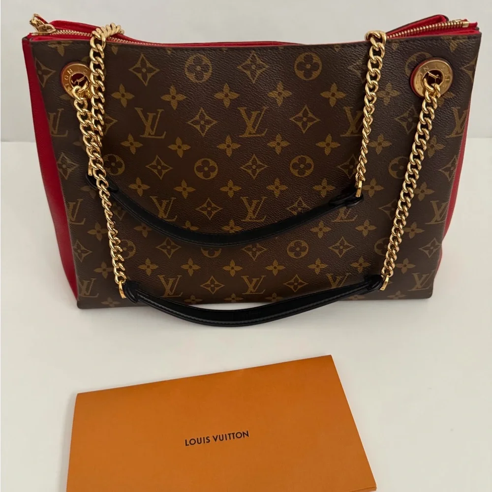 RARE Louis Vuitton Red and Brown Monogram Chain Shoulder Bag Leather Trim - Picture 8 of 16